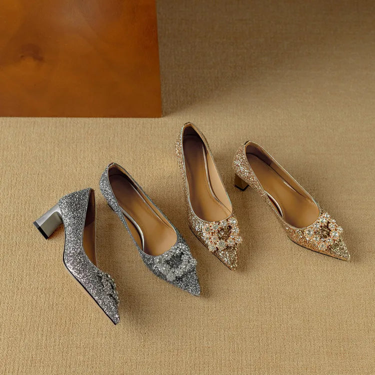 Women’s Glitter Pumps with Pointed Toe and Block Heel