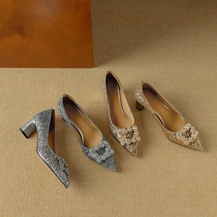 Women’s Glitter Pumps with Pointed Toe and Block Heel