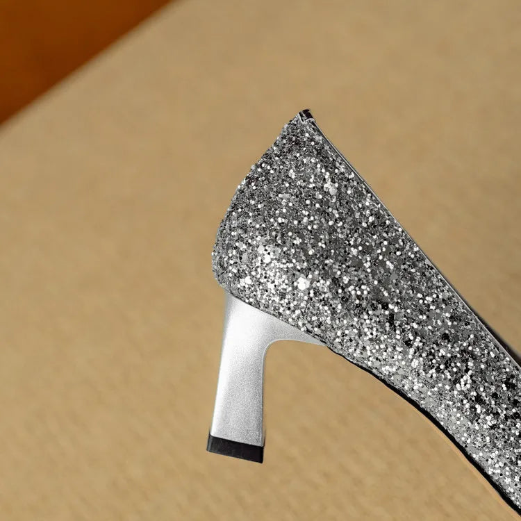 Women’s Glitter Pumps with Pointed Toe and Block Heel