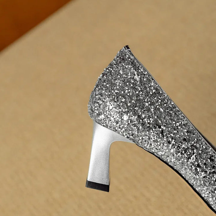 Women’s Glitter Pumps with Pointed Toe and Block Heel