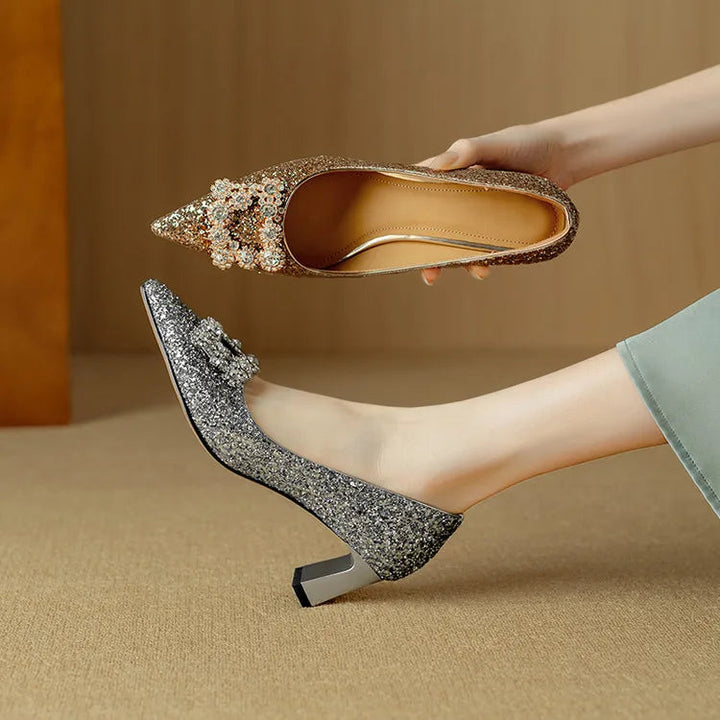 Women’s Glitter Pumps with Pointed Toe and Block Heel