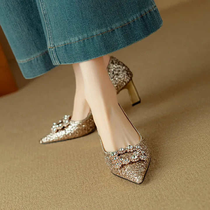 Women’s Glitter Pumps with Pointed Toe and Block Heel