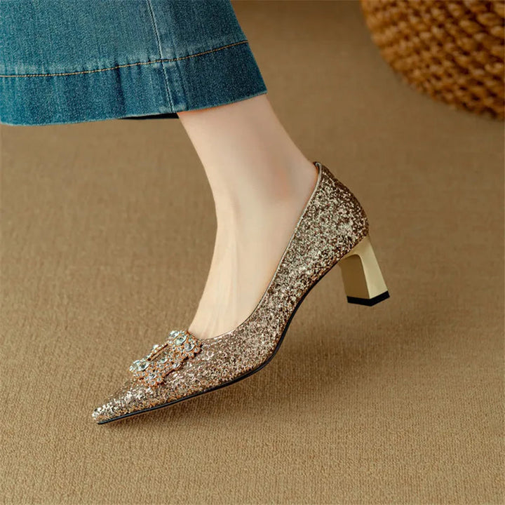 Women’s Glitter Pumps with Pointed Toe and Block Heel