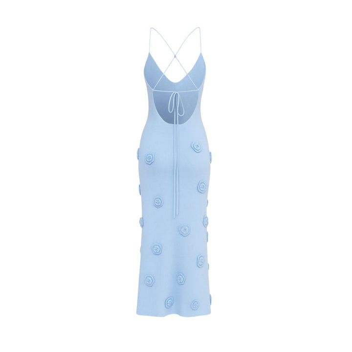 Women’s Knit Midi Dress with 3D Rosettes and Adjustable Back