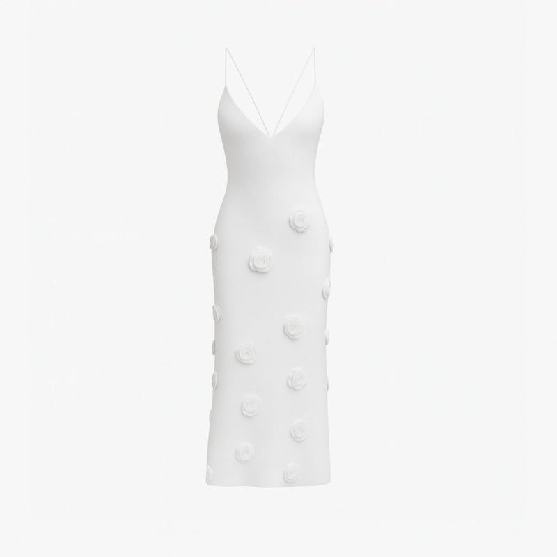 Women’s Knit Midi Dress with 3D Rosettes and Adjustable Back