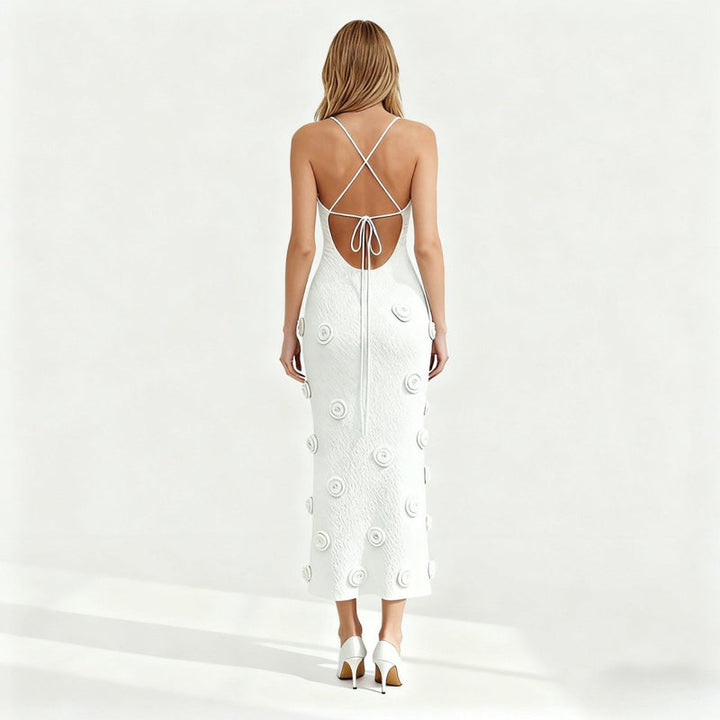 Women’s Knit Midi Dress with 3D Rosettes and Adjustable Back