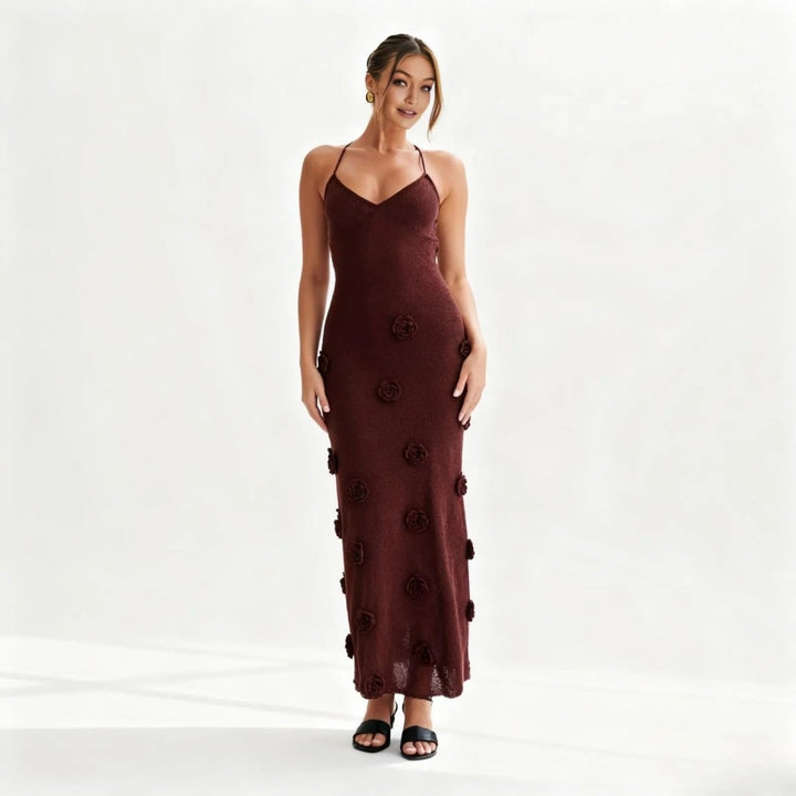 Women’s Knit Midi Dress with 3D Rosettes and Adjustable Back
