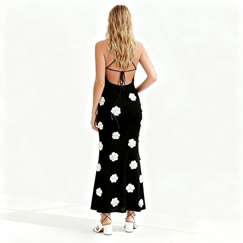 Women’s Knit Midi Dress with 3D Rosettes and Adjustable Back