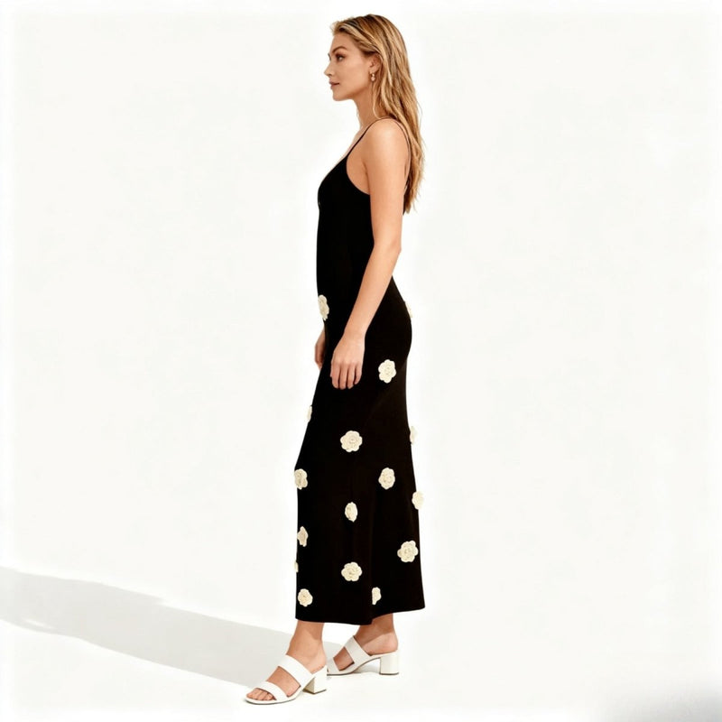 Women’s Knit Midi Dress with 3D Rosettes and Adjustable Back