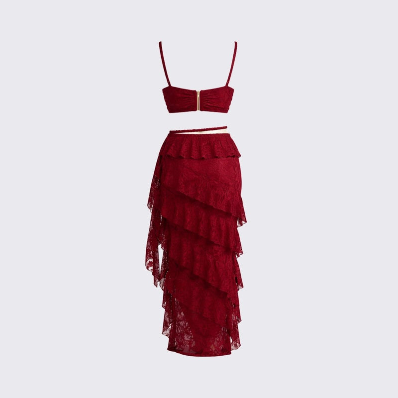 Women’s Lace Skirt Set with Tiered Ruffles and Structured Bustier