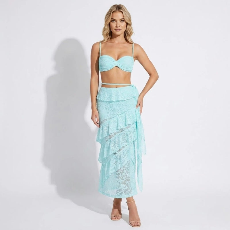 Women’s Lace Skirt Set with Tiered Ruffles and Structured Bustier