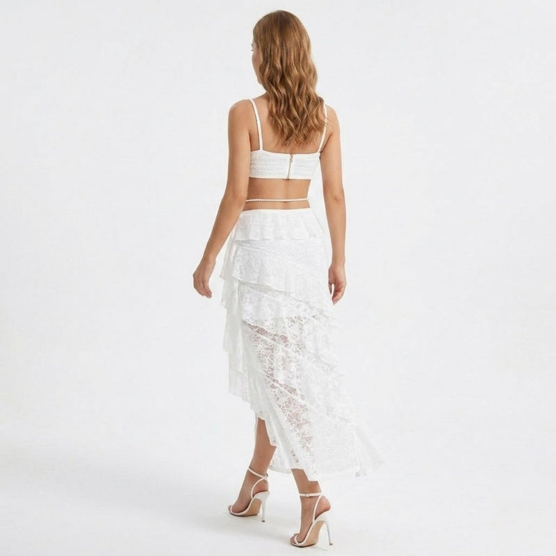 Women’s Lace Skirt Set with Tiered Ruffles and Structured Bustier