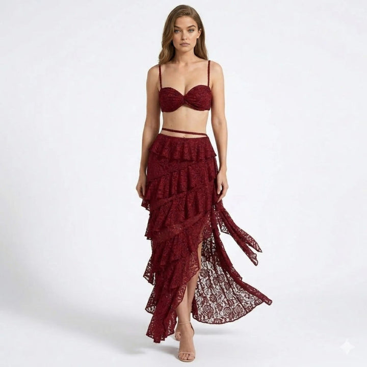 Women’s Lace Skirt Set with Tiered Ruffles and Structured Bustier
