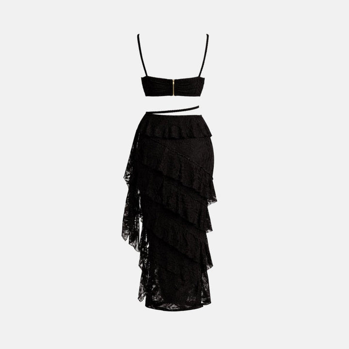 Women’s Lace Skirt Set with Tiered Ruffles and Structured Bustier