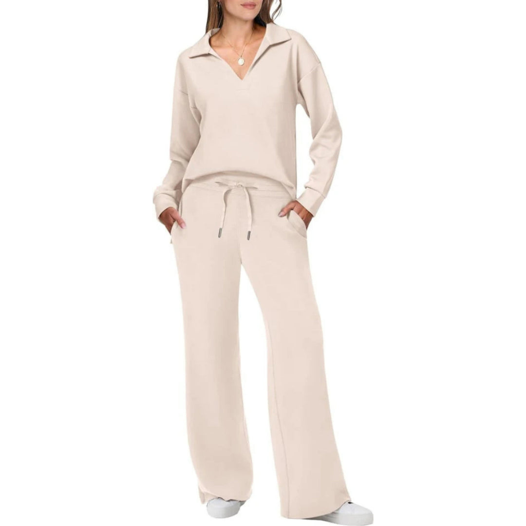 Women’s Loungewear Set with V-Neck Top and Elastic Waist Pants