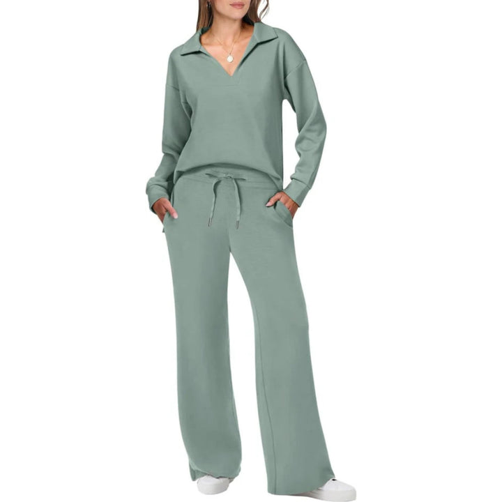 Women’s Loungewear Set with V-Neck Top and Elastic Waist Pants