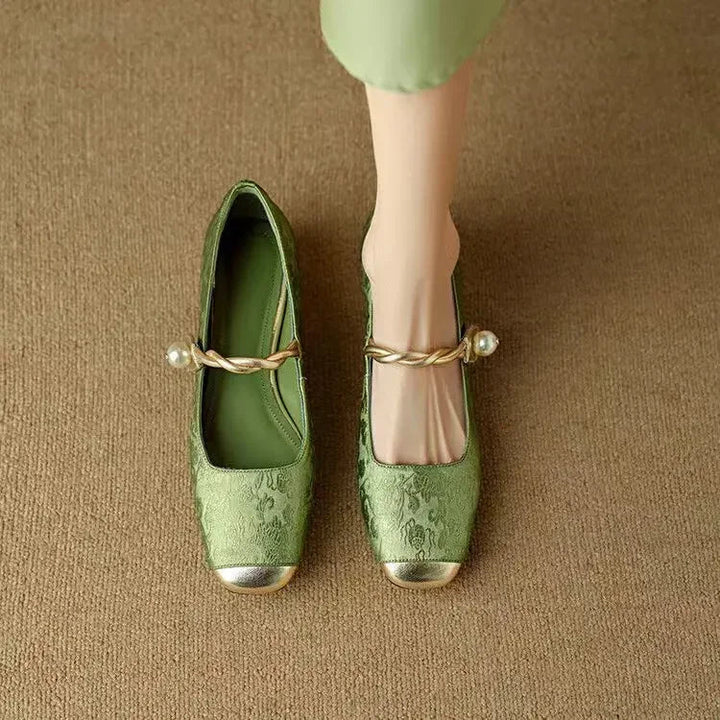 Women’s Mary Jane Shoes with Pearl Strap and Glitter Block Heel