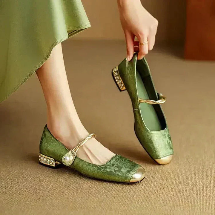 Women’s Mary Jane Shoes with Pearl Strap and Glitter Block Heel