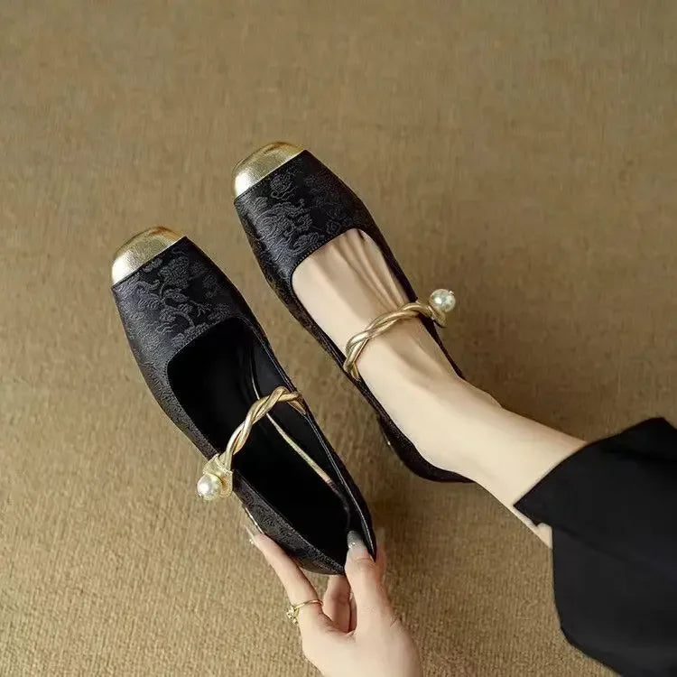 Women’s Mary Jane Shoes with Pearl Strap and Glitter Block Heel