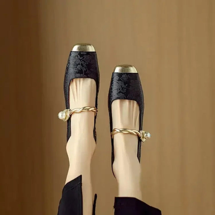 Women’s Mary Jane Shoes with Pearl Strap and Glitter Block Heel