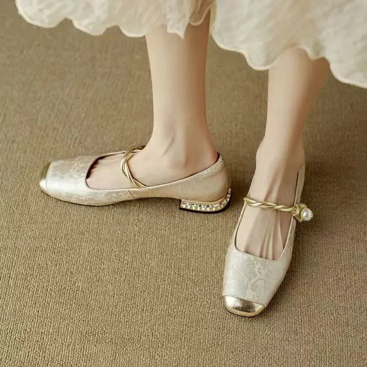 Women’s Mary Jane Shoes with Pearl Strap and Glitter Block Heel