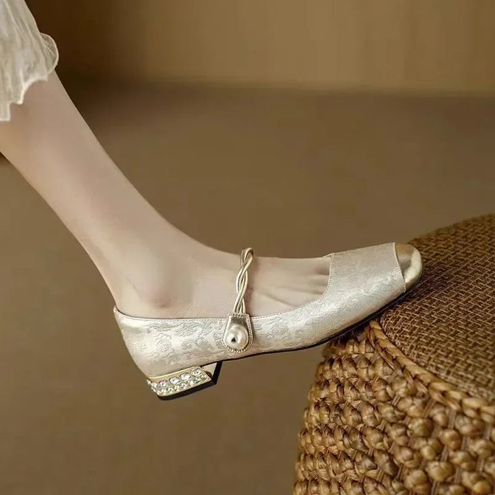 Women’s Mary Jane Shoes with Pearl Strap and Glitter Block Heel