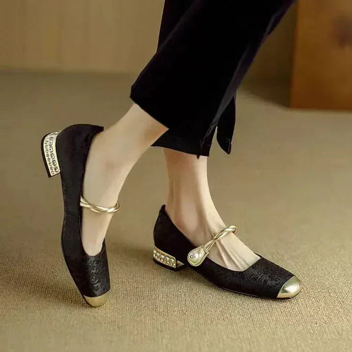 Women’s Mary Jane Shoes with Pearl Strap and Glitter Block Heel