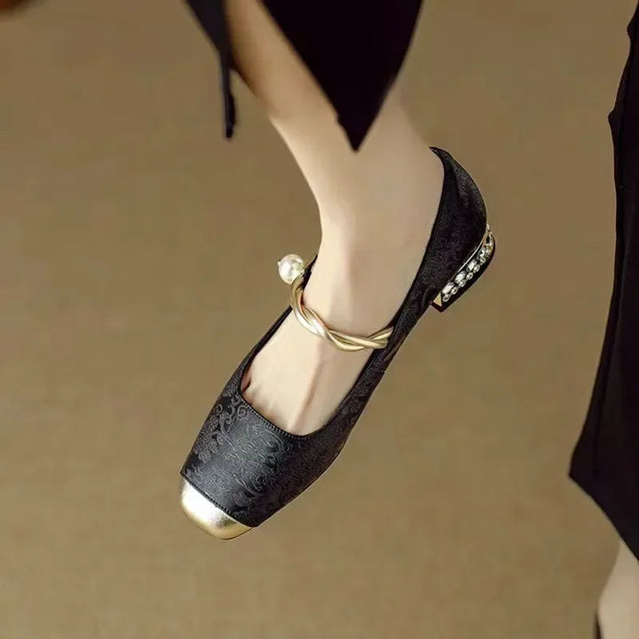Women’s Mary Jane Shoes with Pearl Strap and Glitter Block Heel