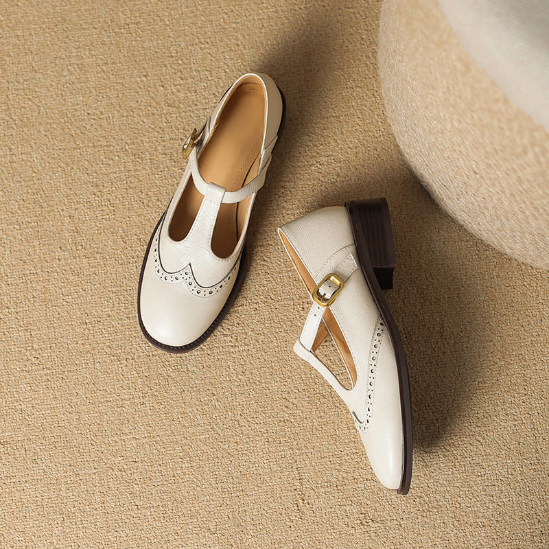 Women’s Mary Jane Shoes with T-Strap and Brogue Detail