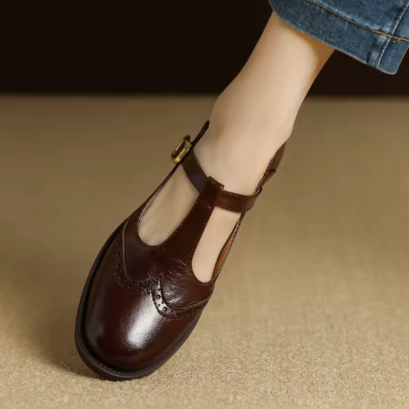 Women’s Mary Jane Shoes with T-Strap and Brogue Detail