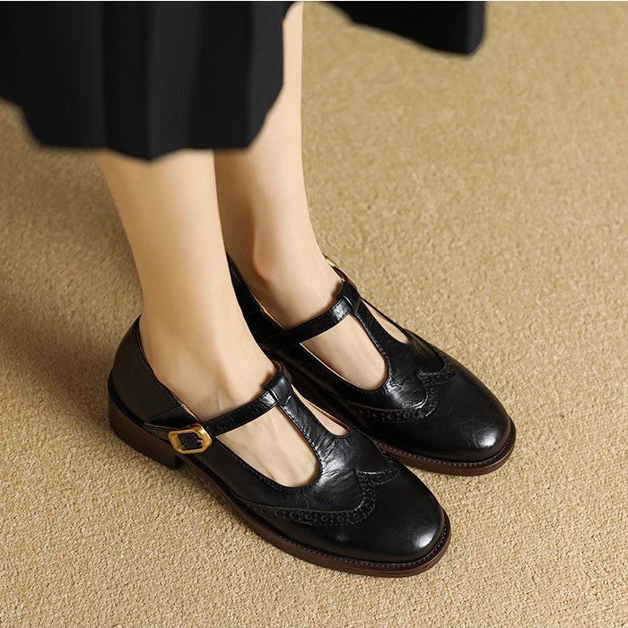 Women’s Mary Jane Shoes with T-Strap and Brogue Detail