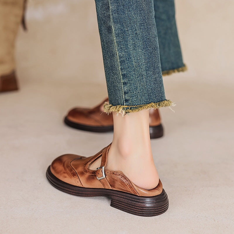 Women’s Mary Jane Shoes with T-Strap and Brogue Detailing