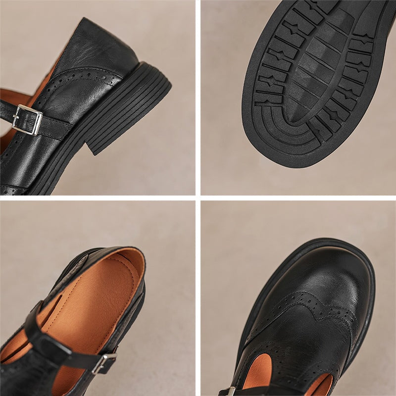Women’s Mary Jane Shoes with T-Strap and Brogue Detailing