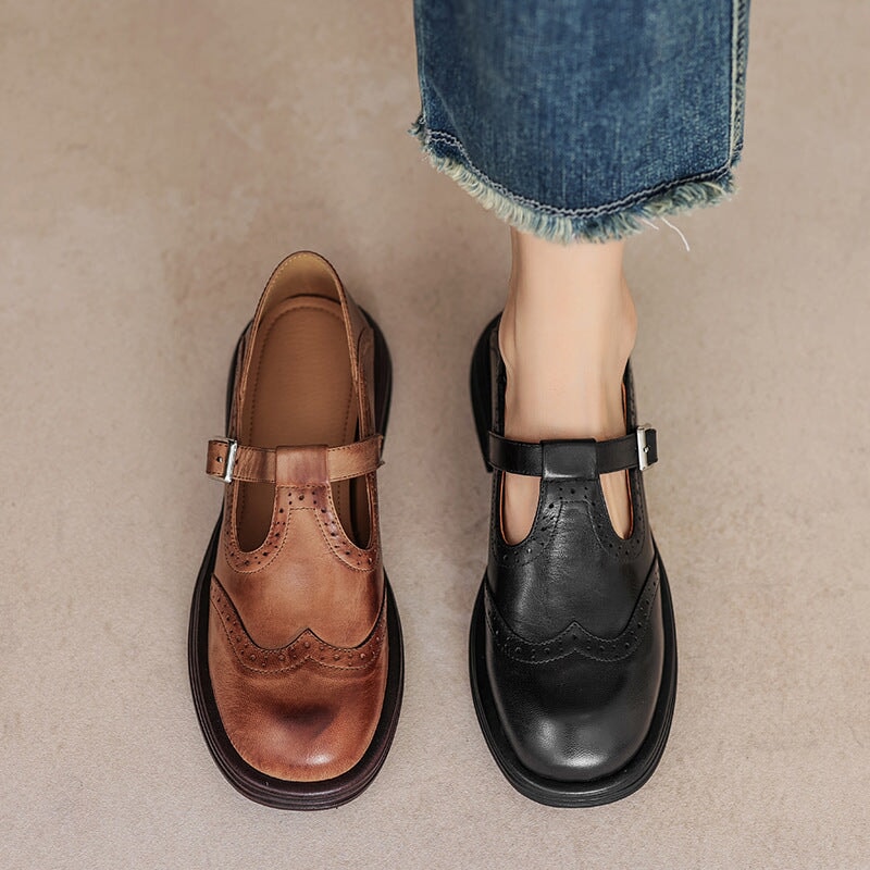 Women’s Mary Jane Shoes with T-Strap and Brogue Detailing