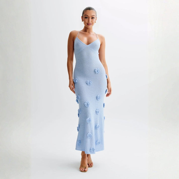 Women’s Maxi Dress with 3D Rosettes and Lace-Up Back