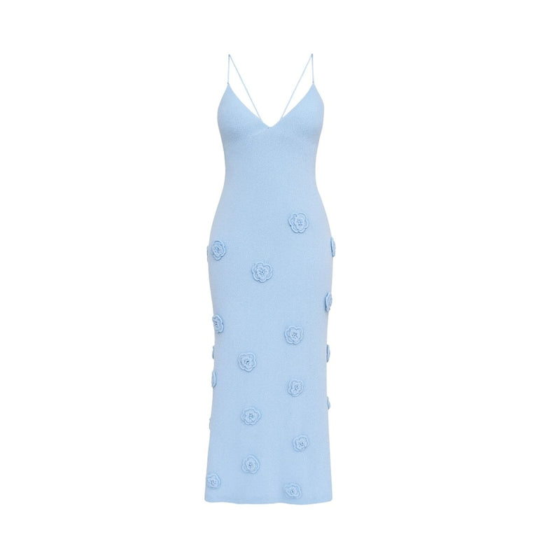 Women’s Maxi Dress with 3D Rosettes and Lace-Up Back