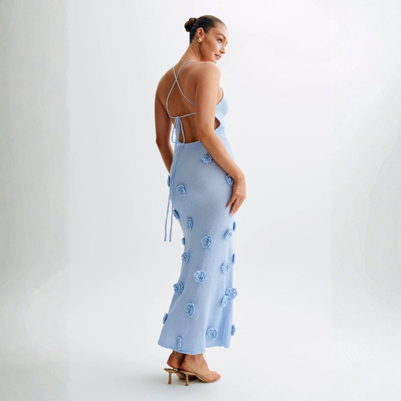 Women’s Maxi Dress with 3D Rosettes and Lace-Up Back