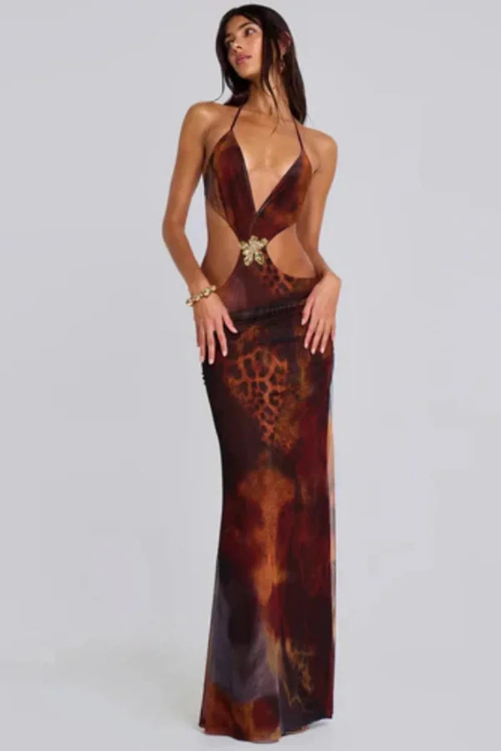 Women’s Maxi Dress with Leopard Print and Halter Neck