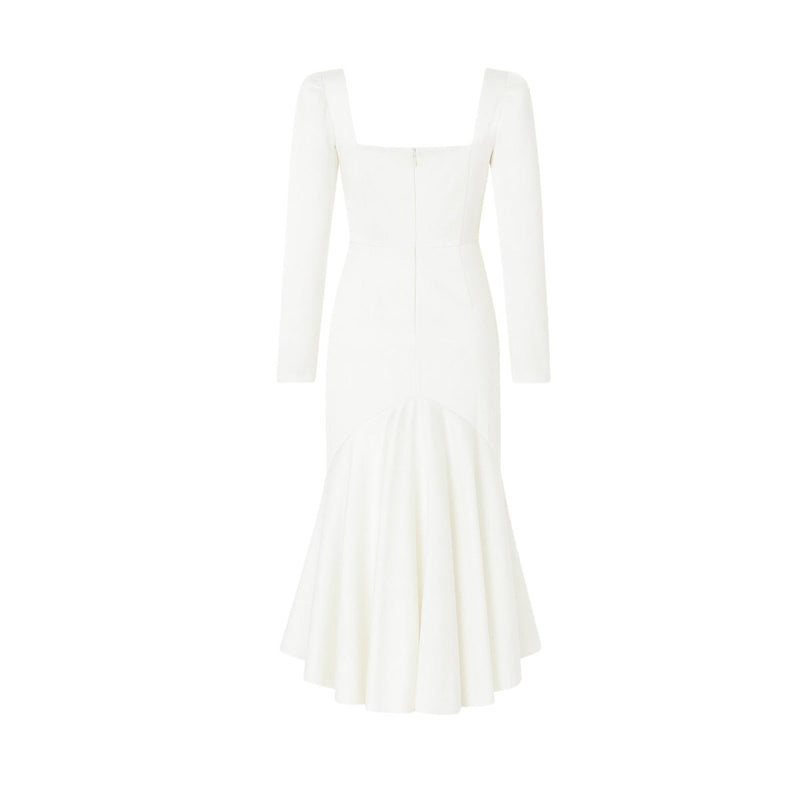 Women’s Midi Dress with Sculptural Neckline and Puff Sleeves