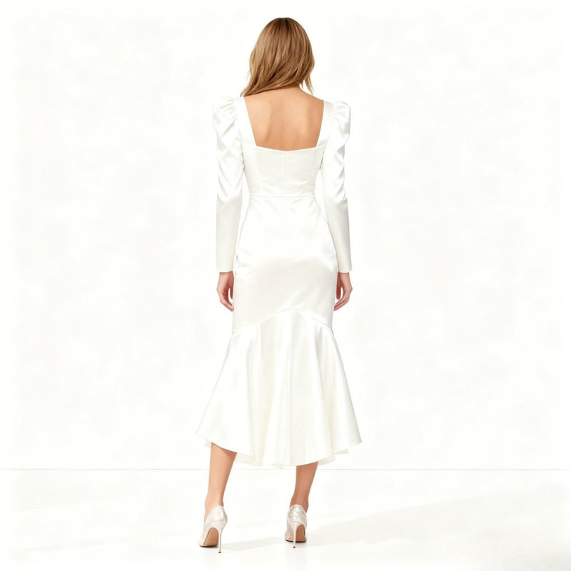 Women’s Midi Dress with Sculptural Neckline and Puff Sleeves