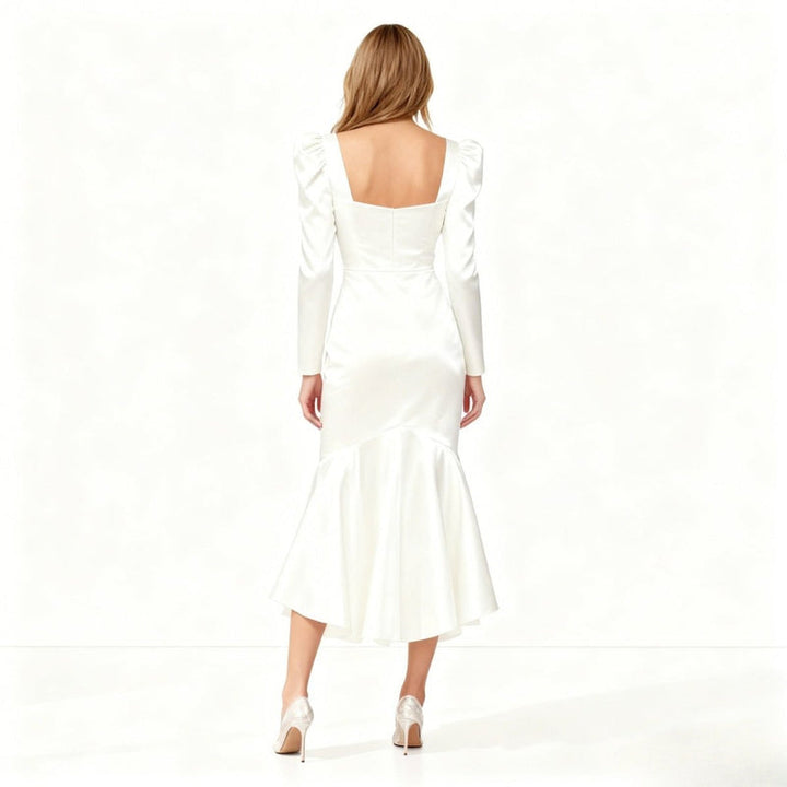 Women’s Midi Dress with Sculptural Neckline and Puff Sleeves