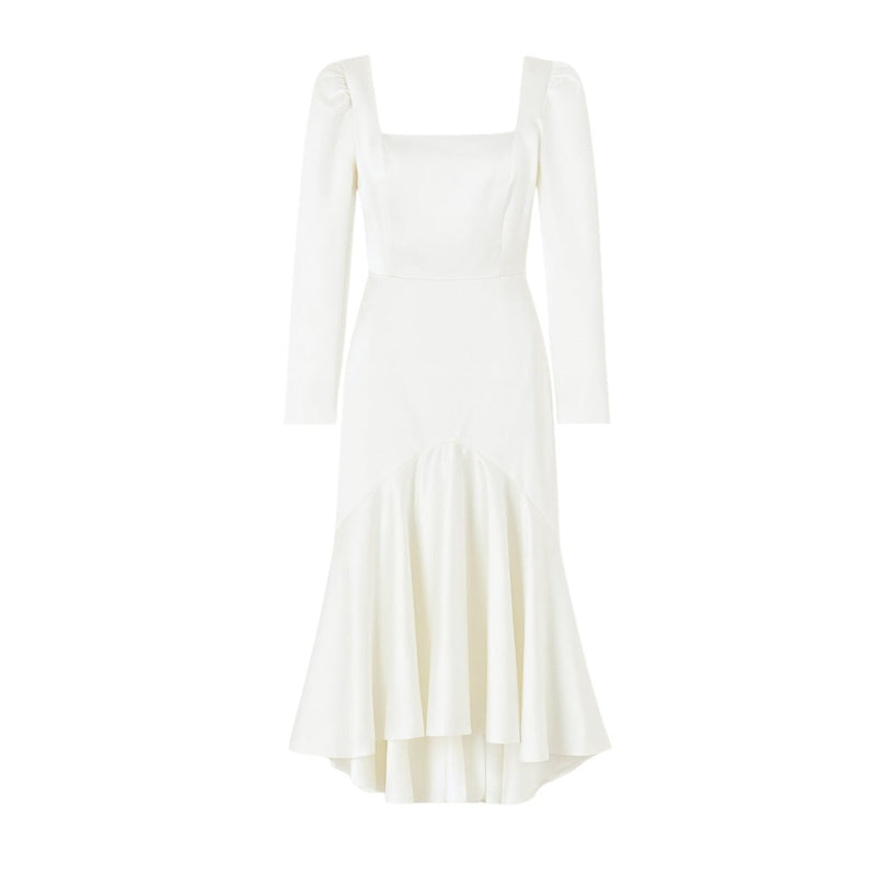 Women’s Midi Dress with Sculptural Neckline and Puff Sleeves