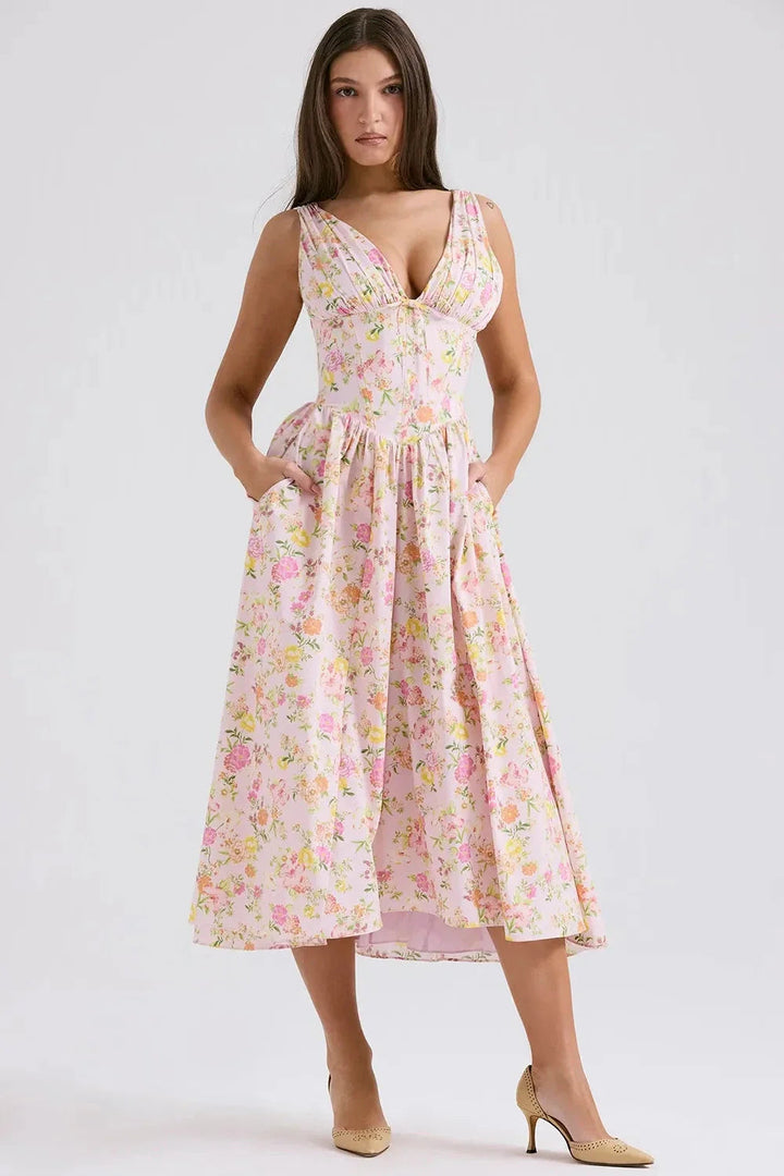 Women’s Midi Sundress with Tropical Print and Adjustable Straps