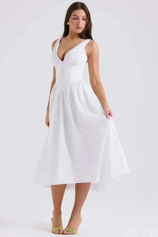 Women’s Midi Sundress with Tropical Print and Adjustable Straps