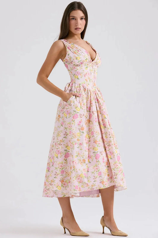 Women’s Midi Sundress with Tropical Print and Adjustable Straps