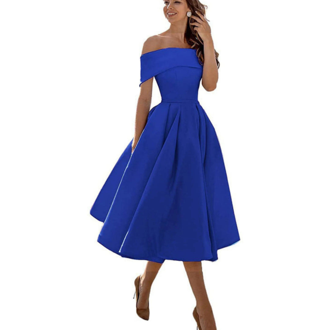 Women’s Midi Dress with Off-the-Shoulder Neckline and Flared Skirt