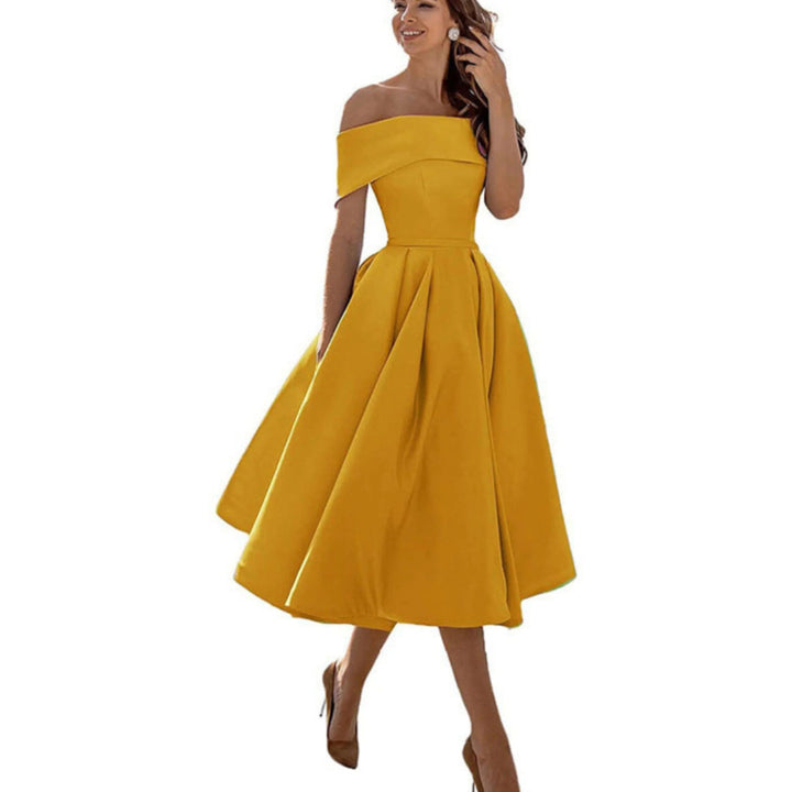 Women’s Midi Dress with Off-the-Shoulder Neckline and Flared Skirt