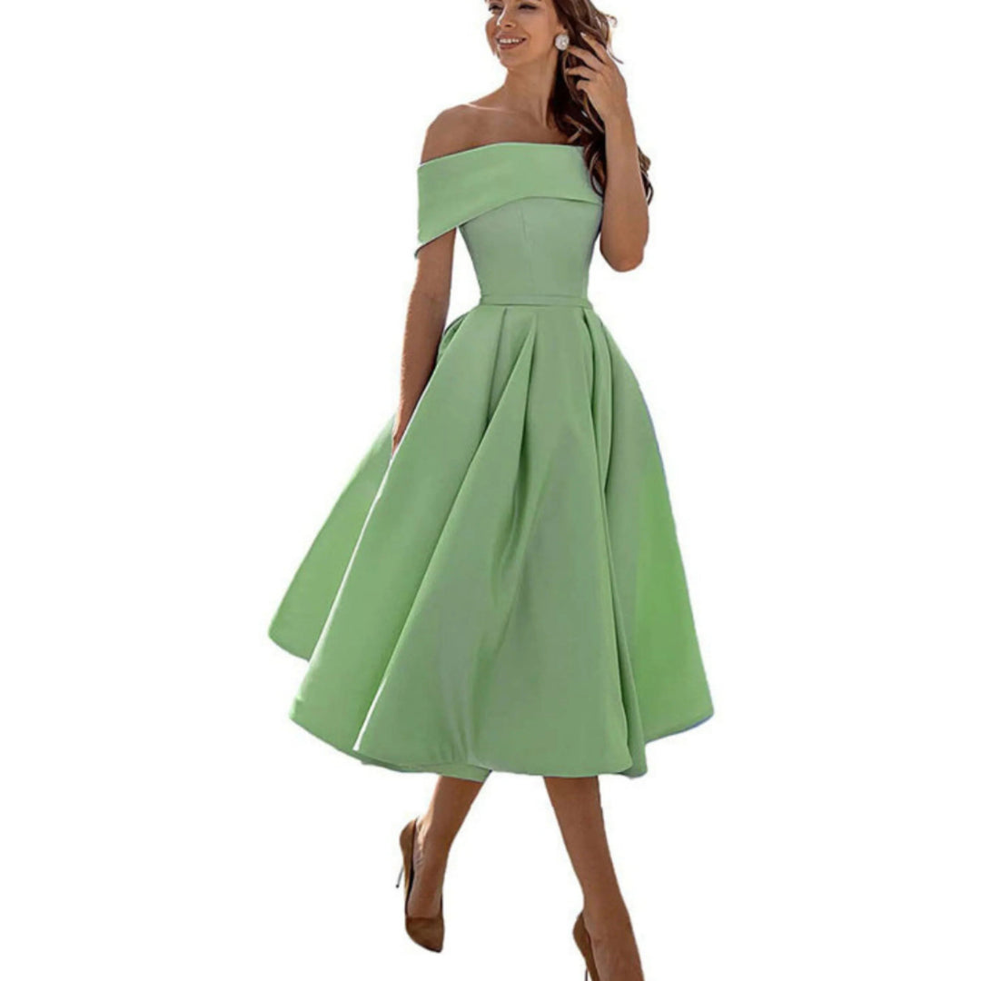 Women’s Midi Dress with Off-the-Shoulder Neckline and Flared Skirt
