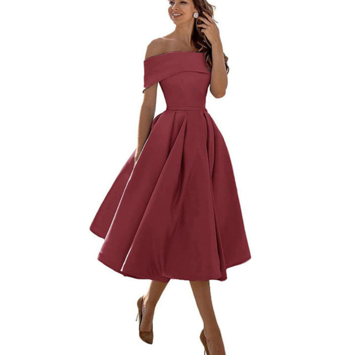Women’s Midi Dress with Off-the-Shoulder Neckline and Flared Skirt