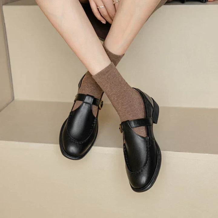 Women’s Retro T-Strap Mary Jane Shoes with Gold Buckle and Low Heel